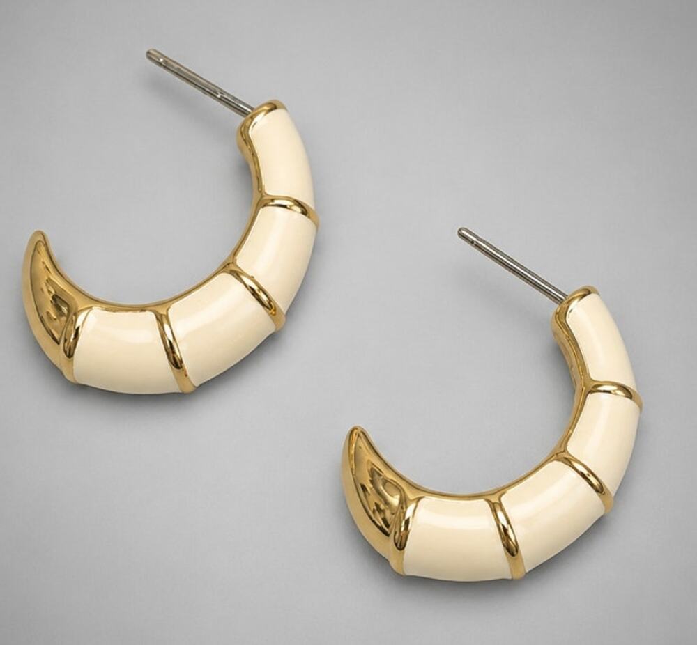 Vintage Napier White Enamel Half Hoop Pierced Earrings 1" Bamboo Look wp42